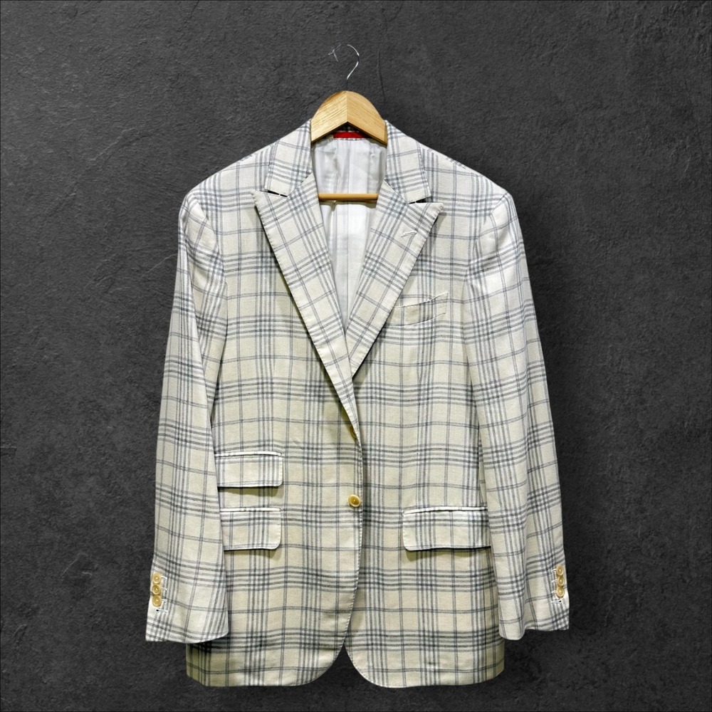 Isaia Napoli Silk Linen Wool Plaid Blazer Sport Coat Cream Grey Italy Sz 42R US